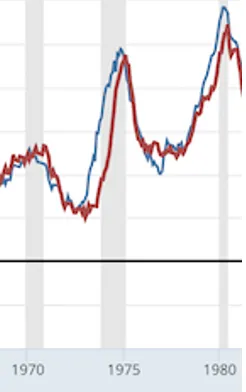 Companion line chart to the one above, covering the same 1970s period of wages and inflation.