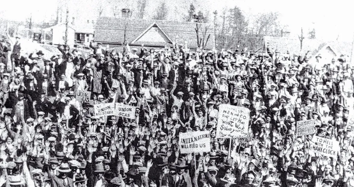 Historical photograph of the 1929 Loray Mill strike in Gastonia, North Carolina.