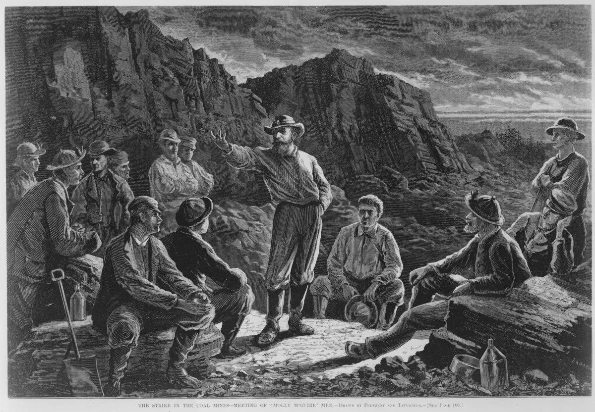 Historical illustration of the Molly Maguires, the nineteenth-century Irish-American coal miners' secret society in Pennsylvania.